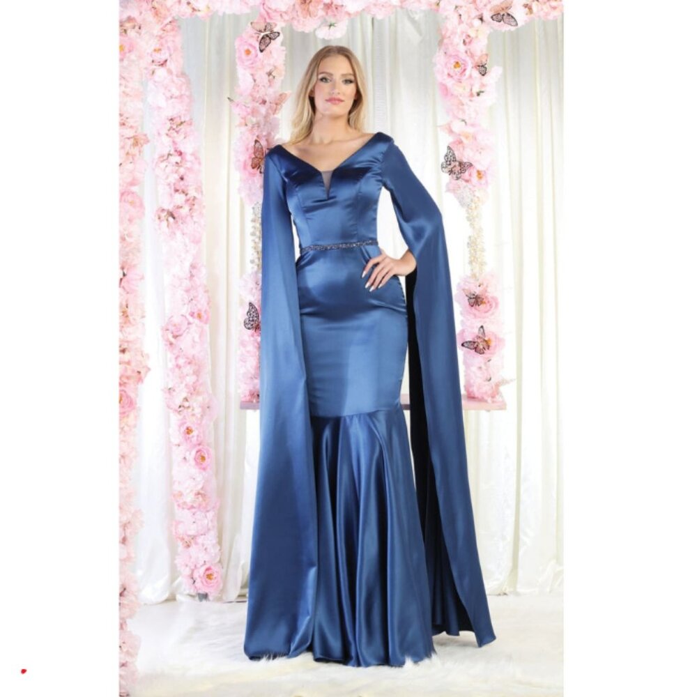 Midnight Blue Prom Long V-Neck Cape Sleeve Mermaid Dress By Royal Queen RQ7961